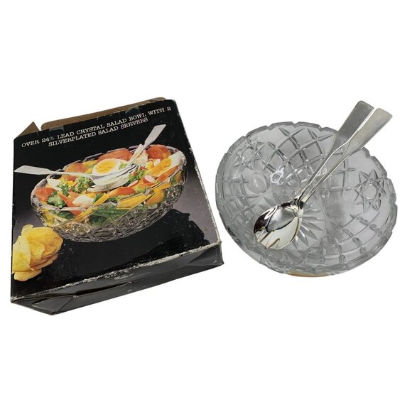 VTG Handmade Lead Crystal Salad Bowl With 2 Silverplated Salad Servers Italy - Picture 1 of 10